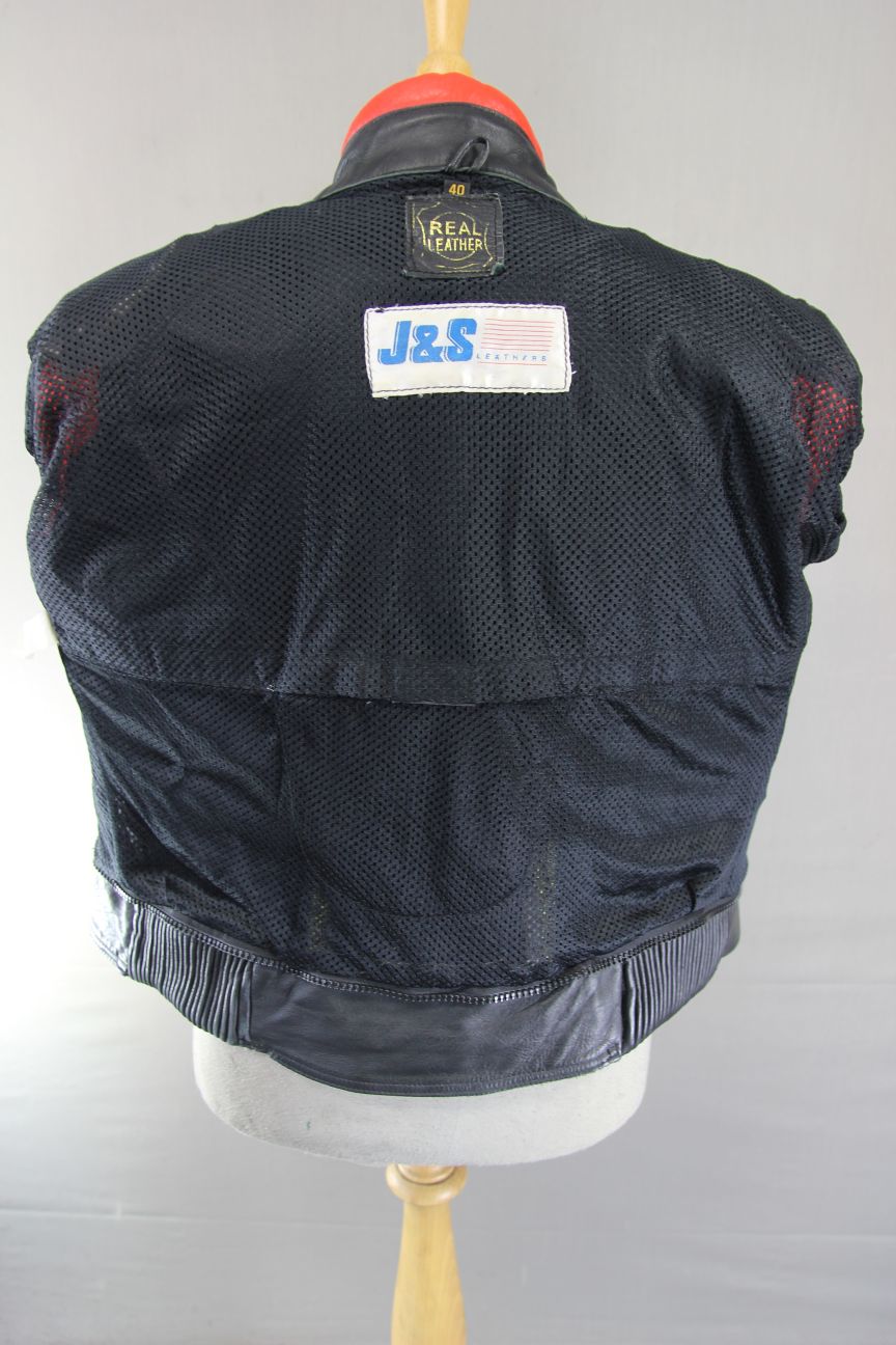 CLASSIC J&S BLACK, RED & SILVER LEATHER REFLECTIVE BIKER JACKET 40 INCH CHEST