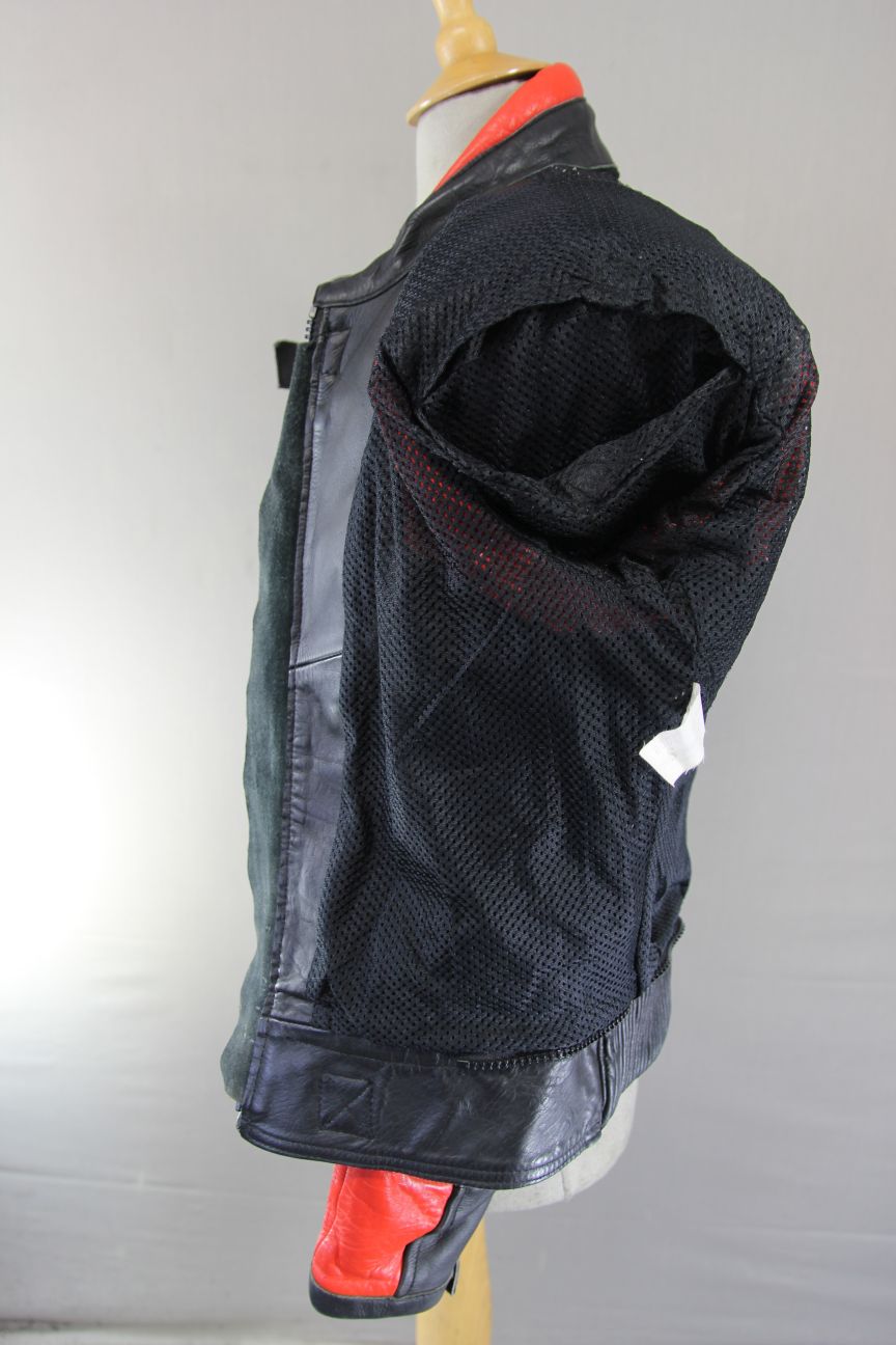 CLASSIC J&S BLACK, RED & SILVER LEATHER REFLECTIVE BIKER JACKET 40 INCH CHEST