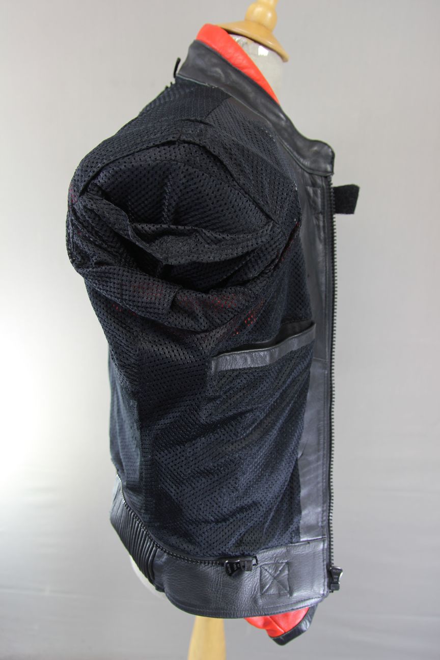 CLASSIC J&S BLACK, RED & SILVER LEATHER REFLECTIVE BIKER JACKET 40 INCH CHEST