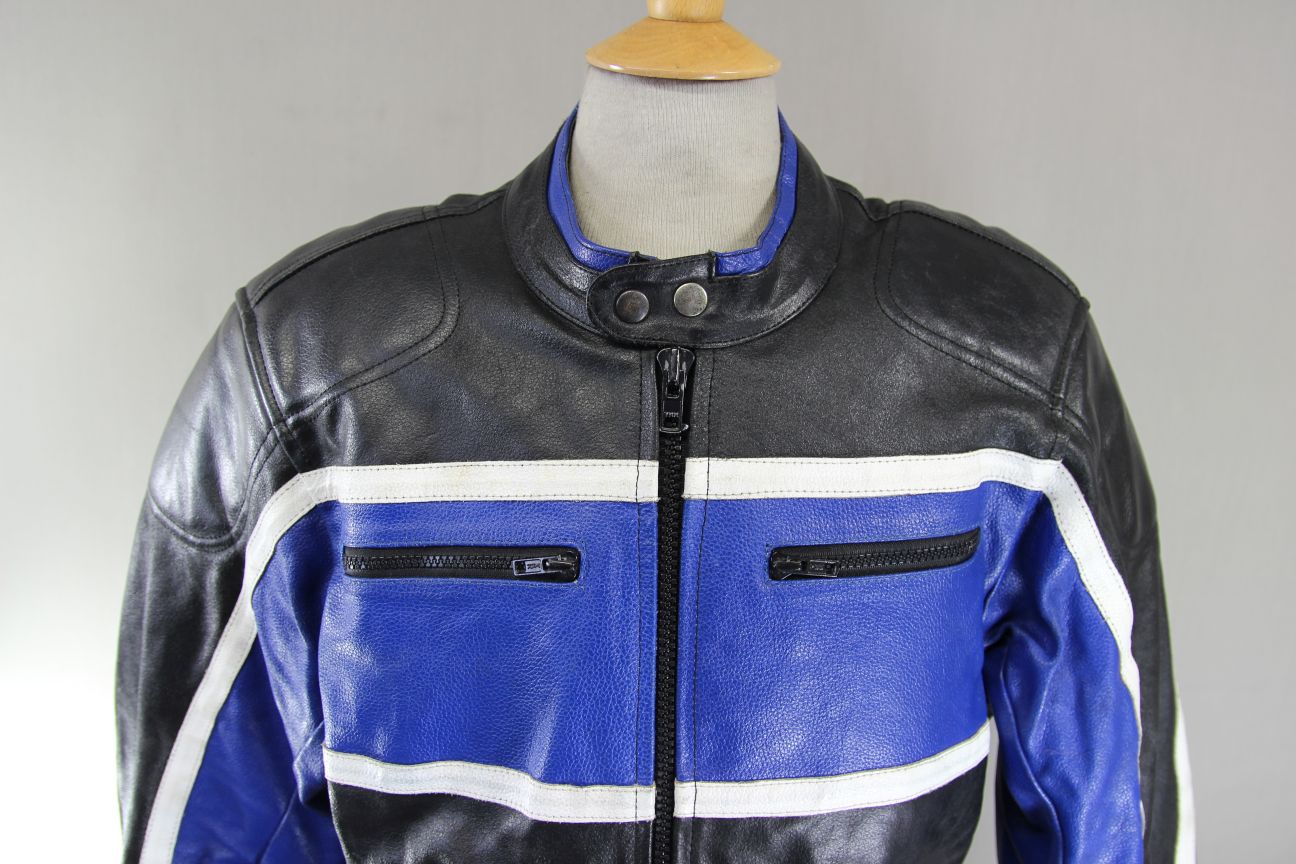 PROTO BLACK, BLUE & WHITE LEATHER BIKER JACKET 42 INCH CHEST/LARGE