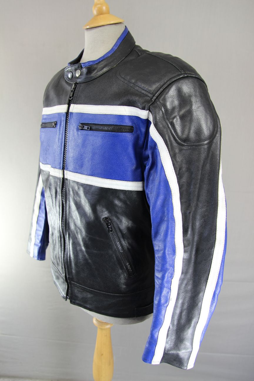 PROTO BLACK, BLUE & WHITE LEATHER BIKER JACKET 42 INCH CHEST/LARGE