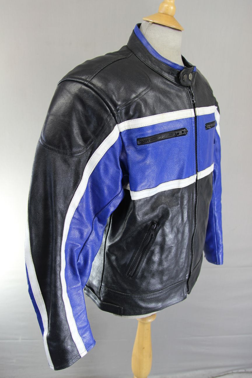 PROTO BLACK, BLUE & WHITE LEATHER BIKER JACKET 42 INCH CHEST/LARGE