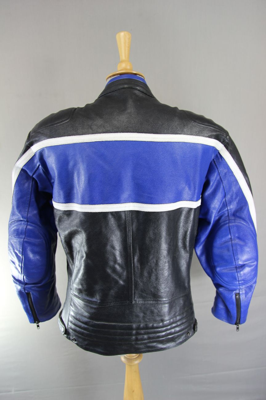 PROTO BLACK, BLUE & WHITE LEATHER BIKER JACKET 42 INCH CHEST/LARGE