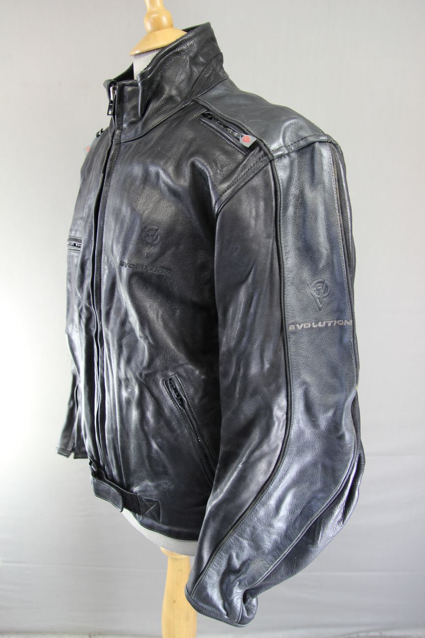 EVOLUTION BLACK & SILVER LEATHER BIKER JACKET 42 INCH