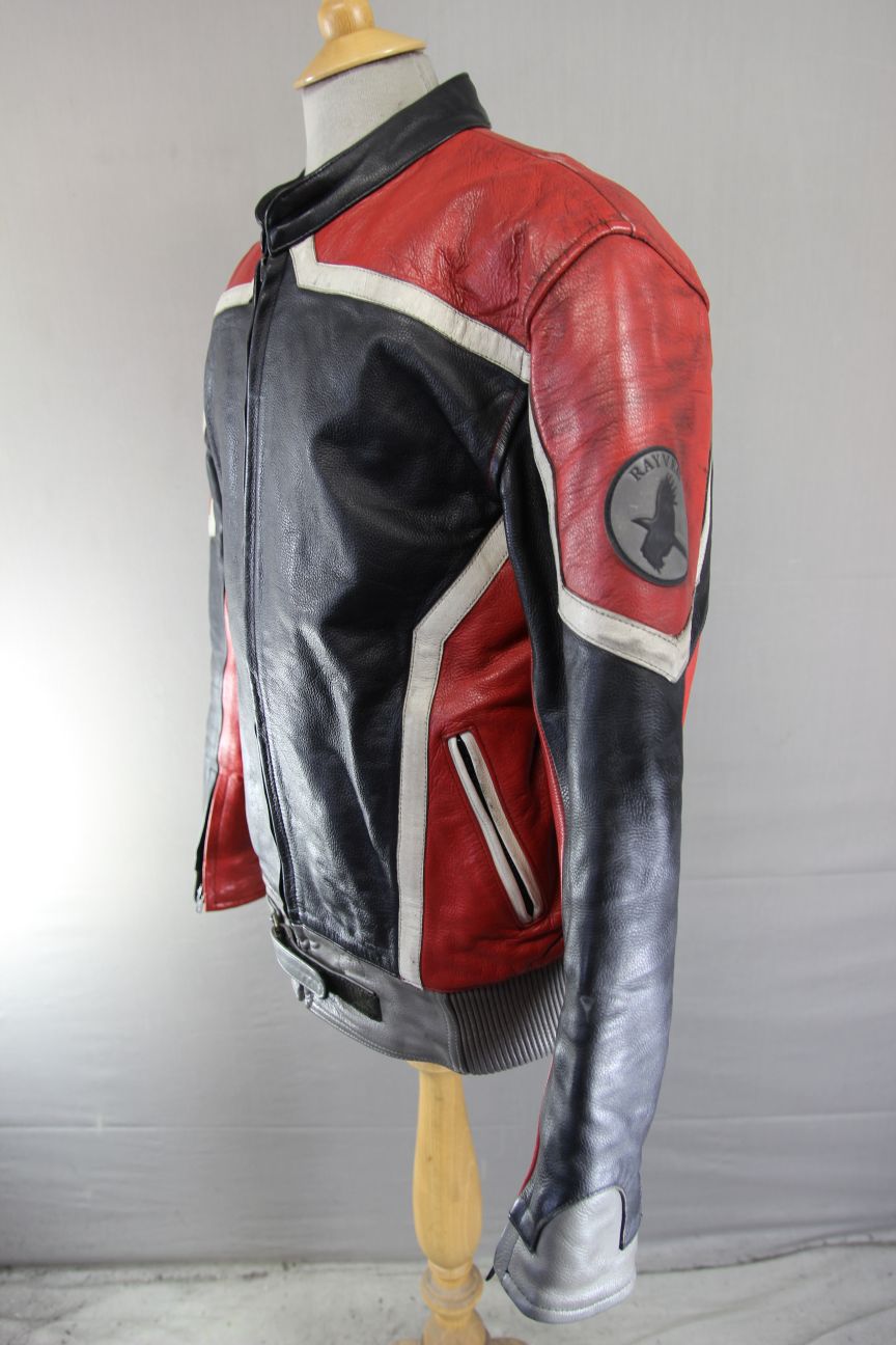 RAYVEN BLACK, RED, GREY & WHITE LEATHER BIKER JACKET 42-44 INCH CHEST/LARGE