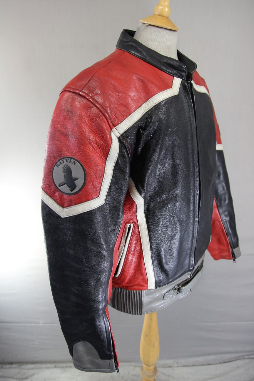 RAYVEN BLACK, RED, GREY & WHITE LEATHER BIKER JACKET 42-44 INCH CHEST/LARGE