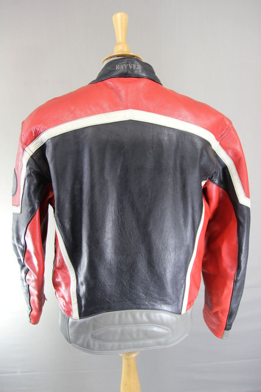 RAYVEN BLACK, RED, GREY & WHITE LEATHER BIKER JACKET 42-44 INCH CHEST/LARGE