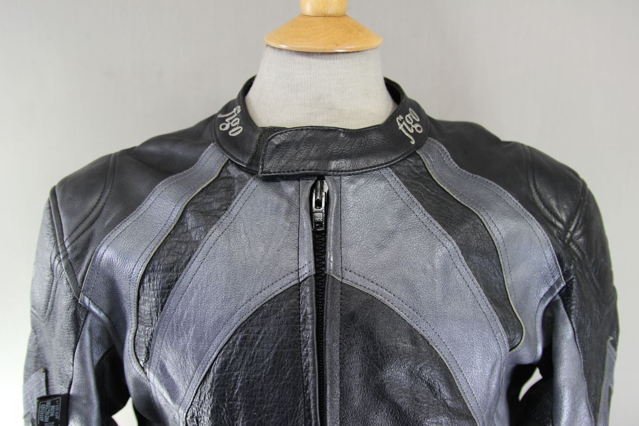 FIGO BLACK & SILVER LEATHER BIKER JACKET WITH REMOVABLE CE ARMOUR 42-44 INCH