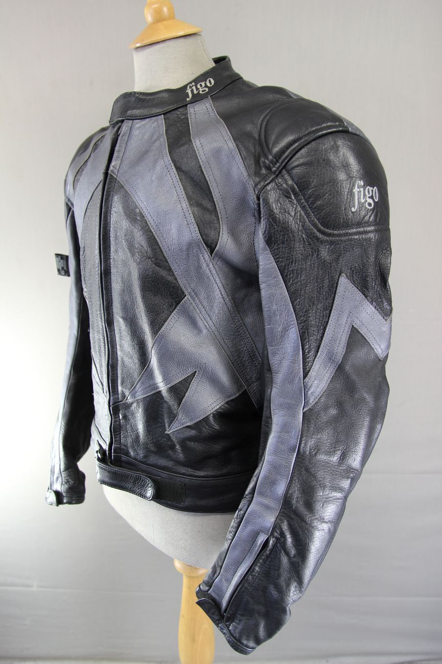 FIGO BLACK & SILVER LEATHER BIKER JACKET WITH REMOVABLE CE ARMOUR 42-44 INCH