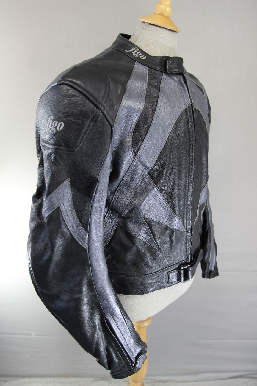 FIGO BLACK & SILVER LEATHER BIKER JACKET WITH REMOVABLE CE ARMOUR 42-44 INCH