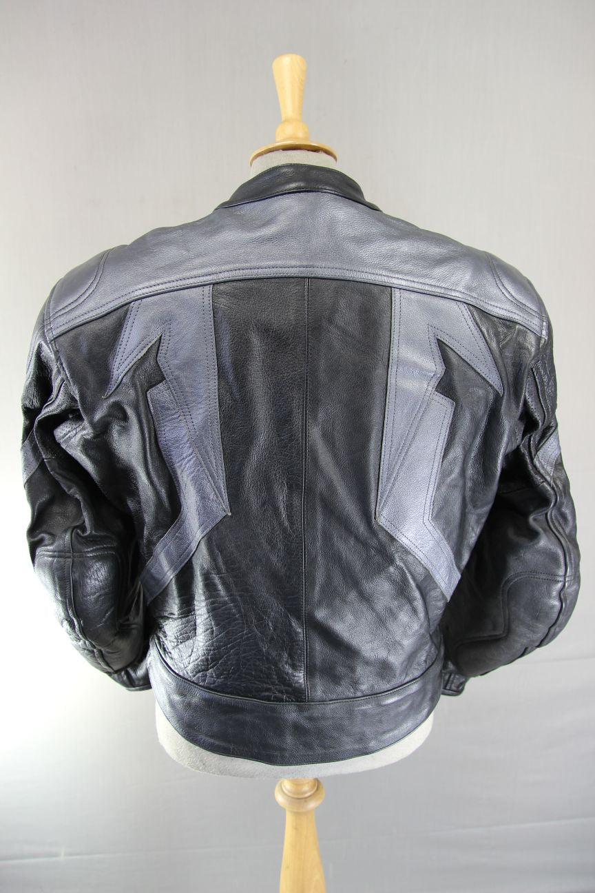 FIGO BLACK & SILVER LEATHER BIKER JACKET WITH REMOVABLE CE ARMOUR 42-44 INCH