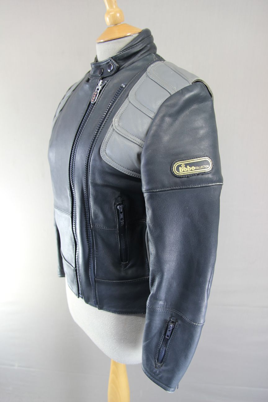 VINTAGE 70s-80s DARK & LIGHT GREY BOBO COLLECTION LEATHER BIKER JACKET: SIZE 16