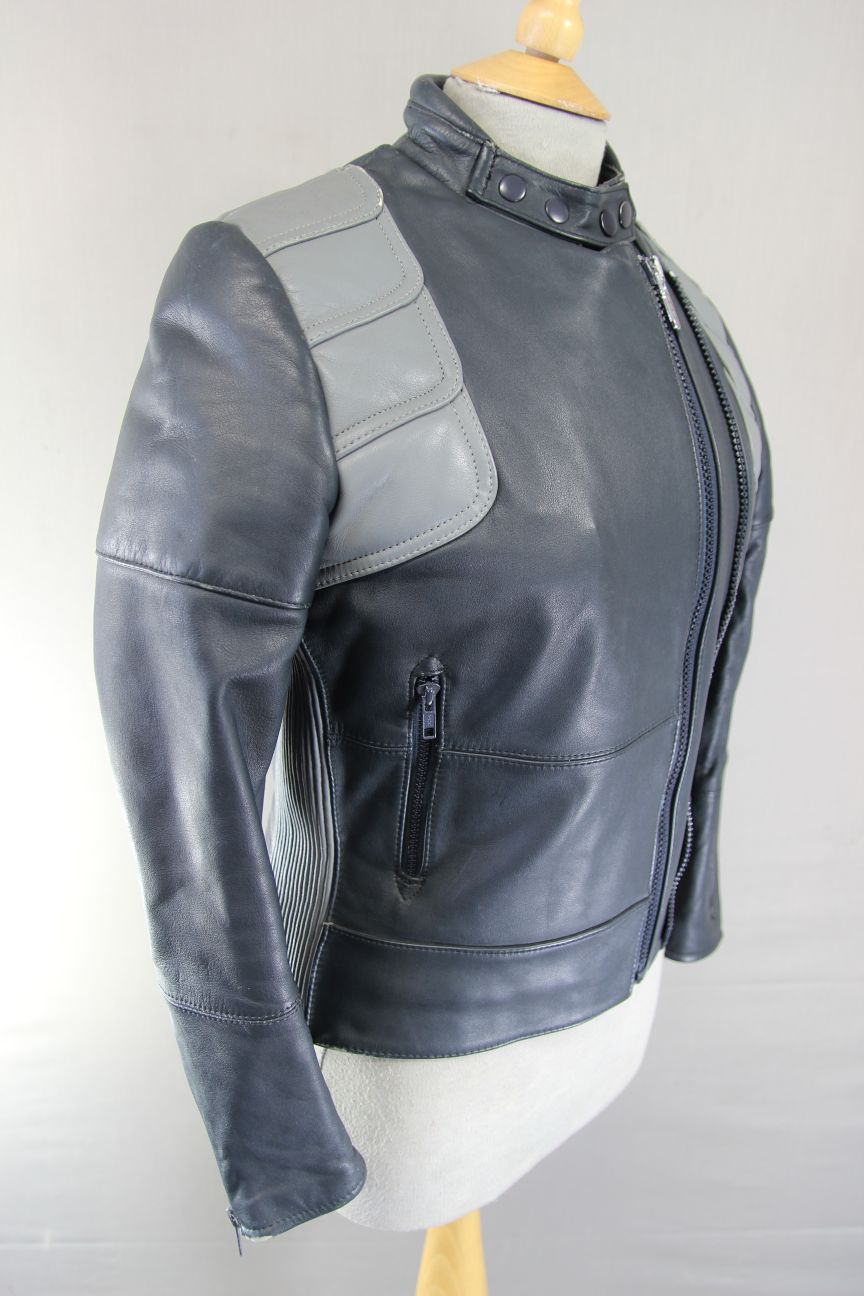 VINTAGE 70s-80s DARK & LIGHT GREY BOBO COLLECTION LEATHER BIKER JACKET: SIZE 16