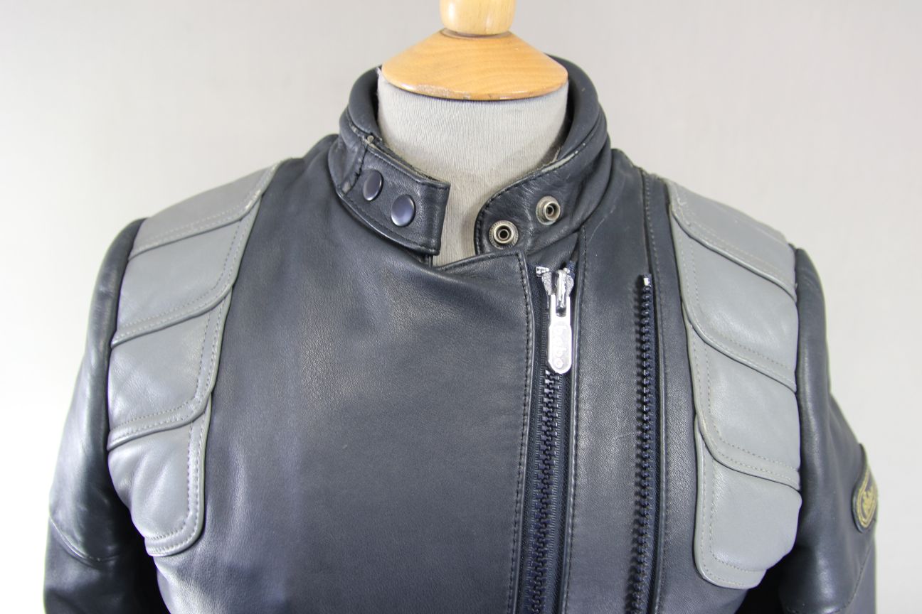 VINTAGE 70s-80s DARK & LIGHT GREY BOBO COLLECTION LEATHER BIKER JACKET: SIZE 16