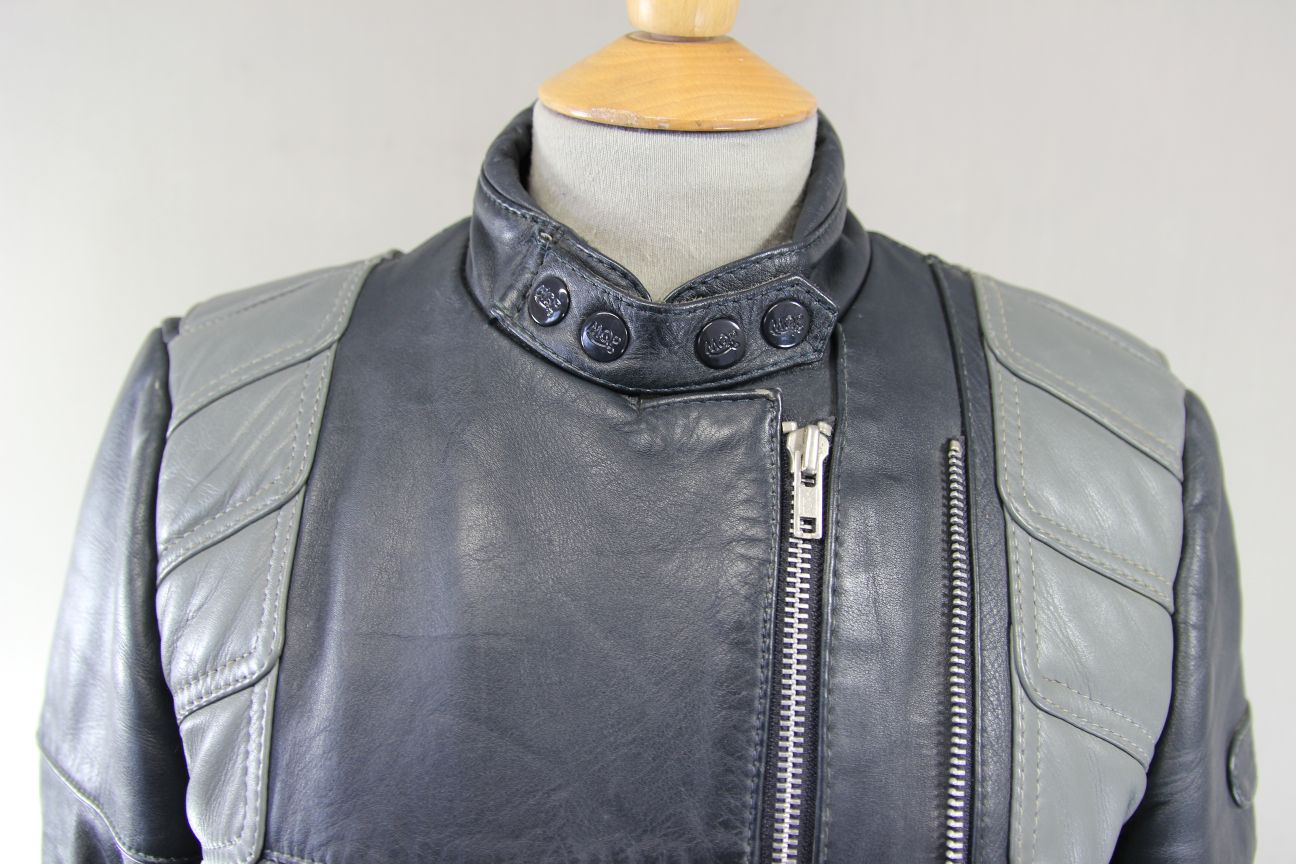 LADIES CLASSIC VINTAGE 1980's DARK & LIGHT GREY MQP LEATHER BIKER JACKET 36 INCH