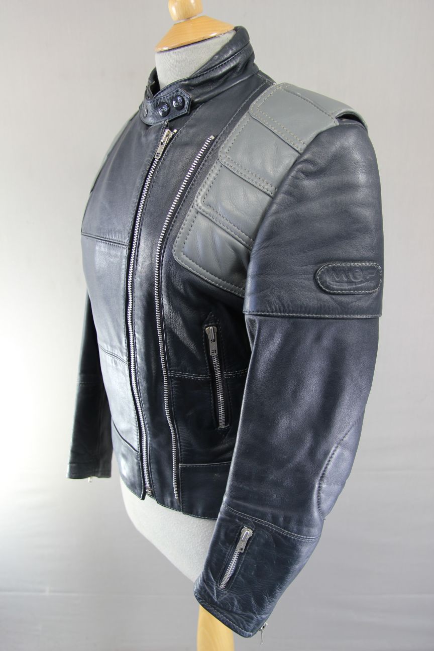 LADIES CLASSIC VINTAGE 1980's DARK & LIGHT GREY MQP LEATHER BIKER JACKET 36 INCH