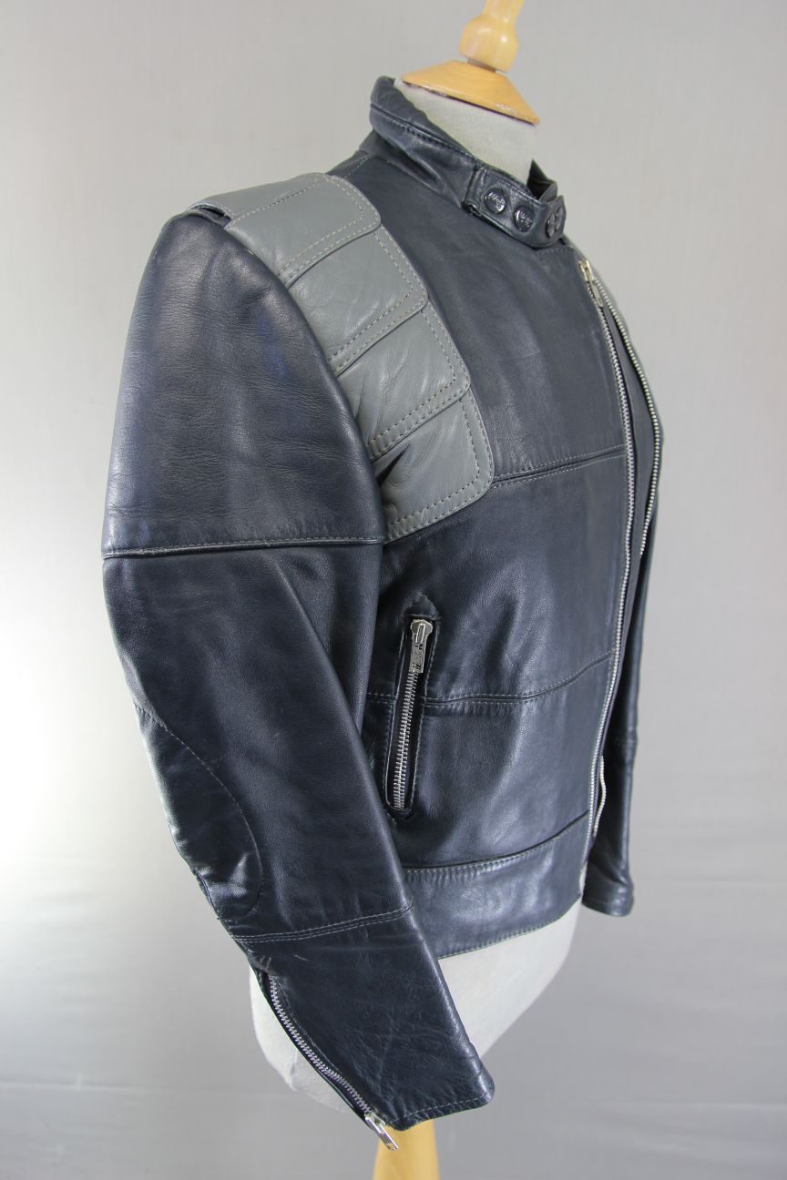LADIES CLASSIC VINTAGE 1980's DARK & LIGHT GREY MQP LEATHER BIKER JACKET 36 INCH
