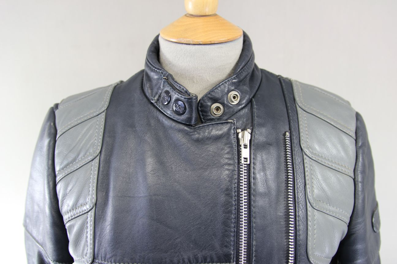 LADIES CLASSIC VINTAGE 1980's DARK & LIGHT GREY MQP LEATHER BIKER JACKET 36 INCH