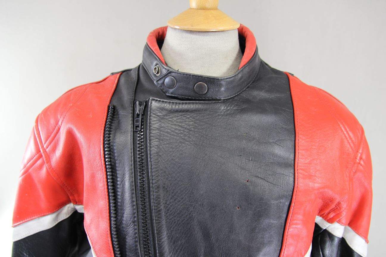 VINTAGE BLACK, RED & WHITE LEATHER SPORTEX IMOLA CLASSIC BIKER JACKET 42 INCH
