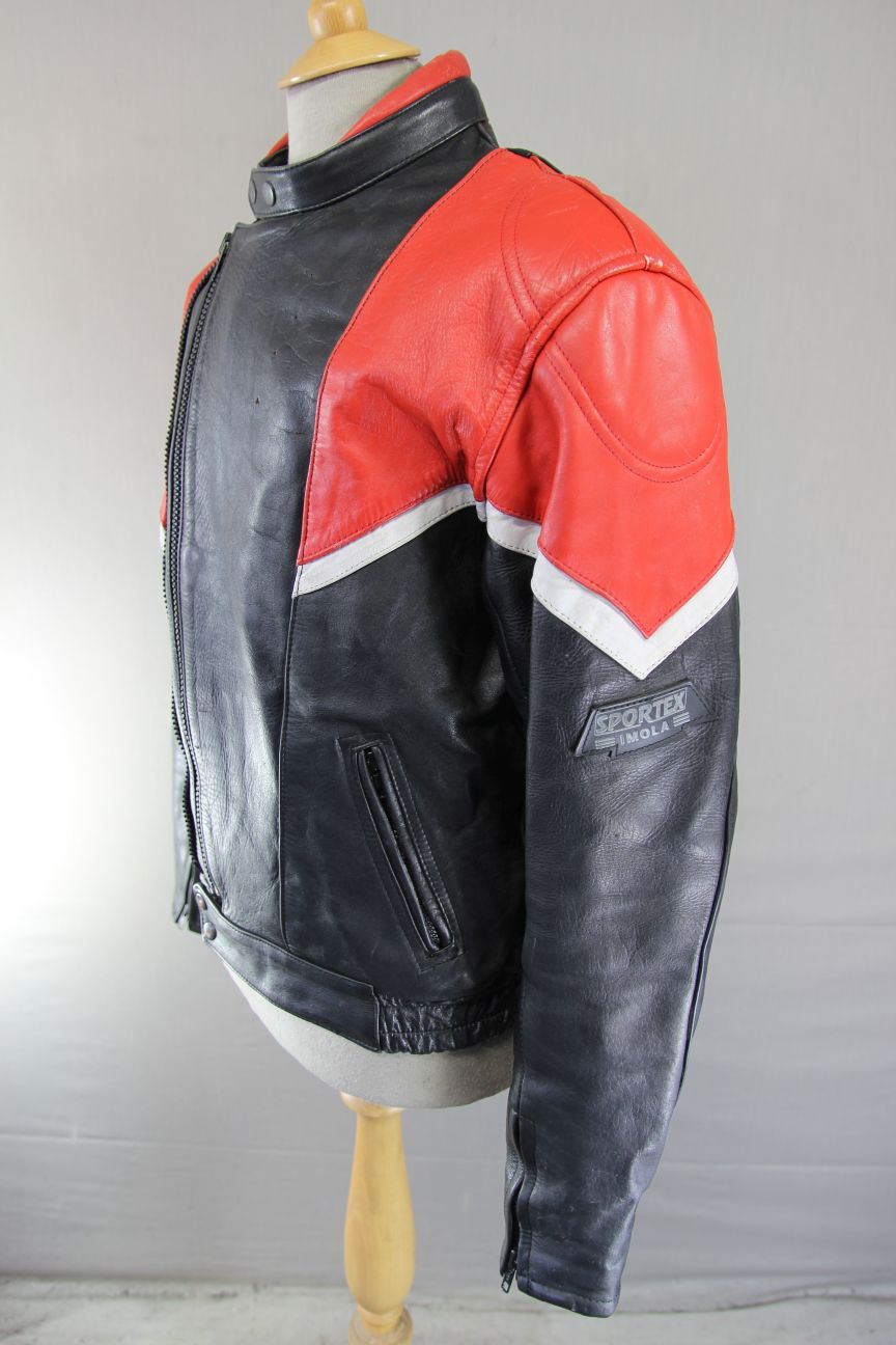 VINTAGE BLACK, RED & WHITE LEATHER SPORTEX IMOLA CLASSIC BIKER JACKET 42 INCH