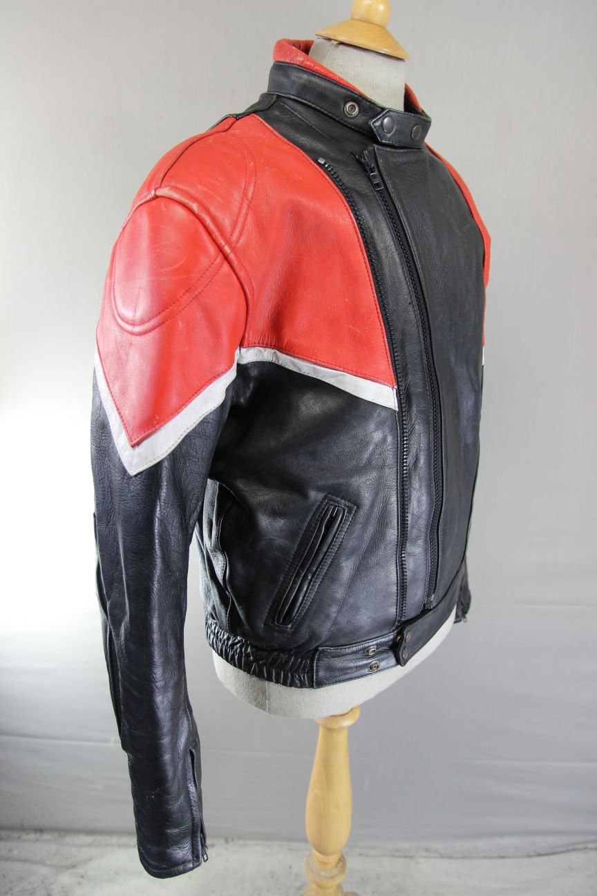 VINTAGE BLACK, RED & WHITE LEATHER SPORTEX IMOLA CLASSIC BIKER JACKET 42 INCH