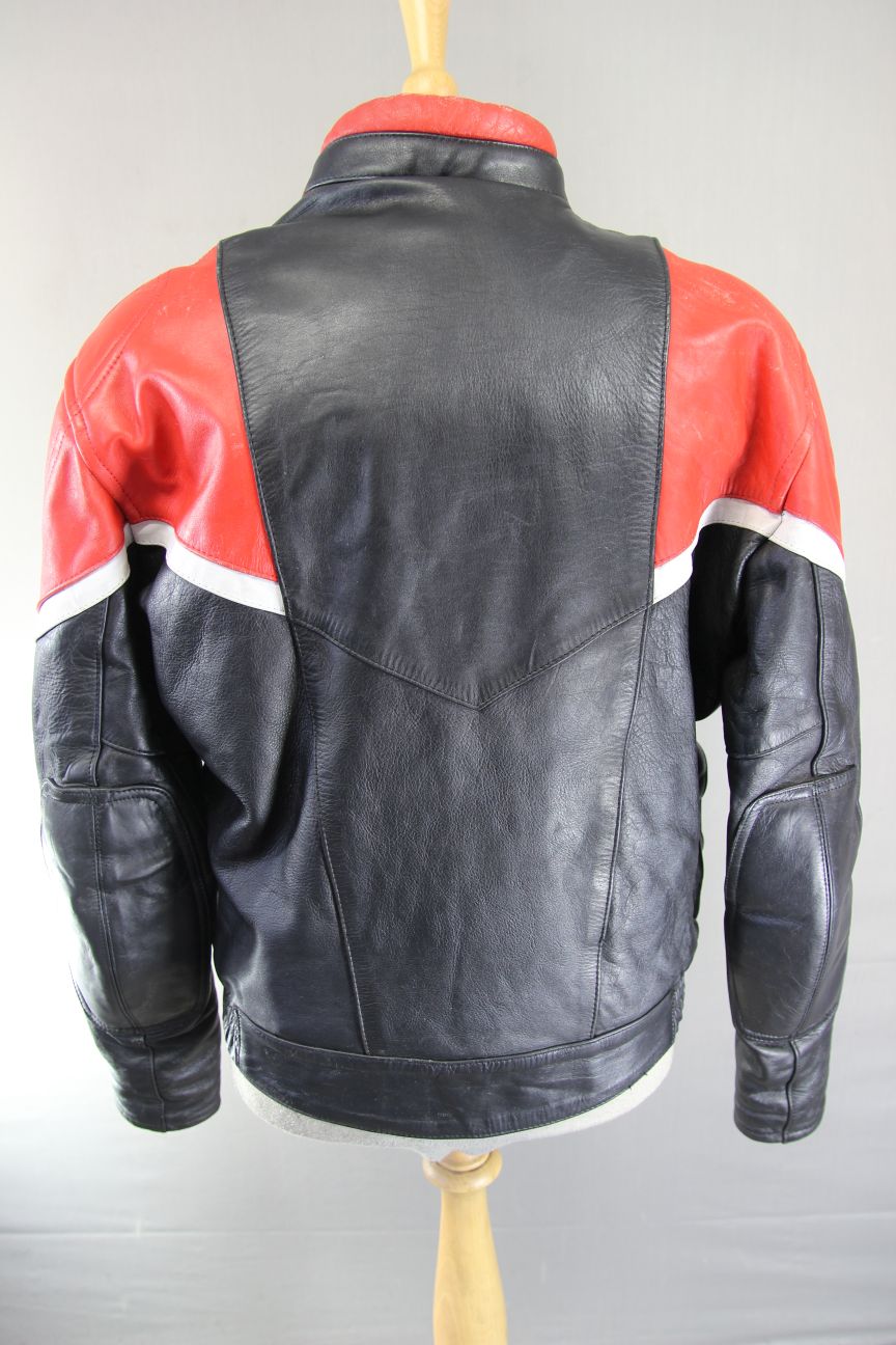 VINTAGE BLACK, RED & WHITE LEATHER SPORTEX IMOLA CLASSIC BIKER JACKET 42 INCH
