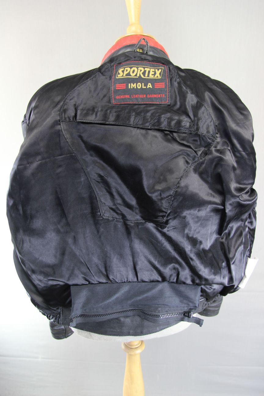 VINTAGE BLACK, RED & WHITE LEATHER SPORTEX IMOLA CLASSIC BIKER JACKET 42 INCH