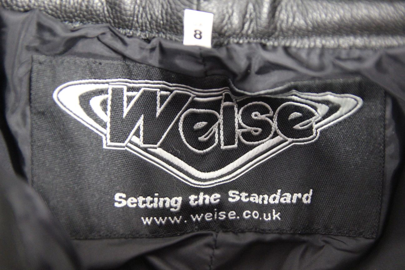 WEISE BLACK LEATHER BIKER TROUSERS + CE ARMOUR SIZE 8: WAIST 26 INCH/LEG 27 INCH