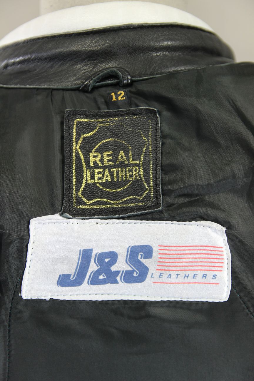 J&S BLACK, RED & WHITE LEATHER BIKER JACKET: SIZE 12 34-36 INCH CHEST