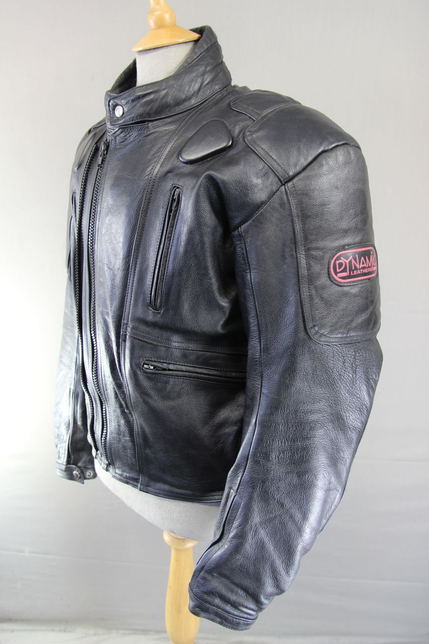 DYNAMIC LEATHER BLACK COWHIDE BIKER JACKET WITH REMOVABLE KNOX CE ARMOUR 42 INCH