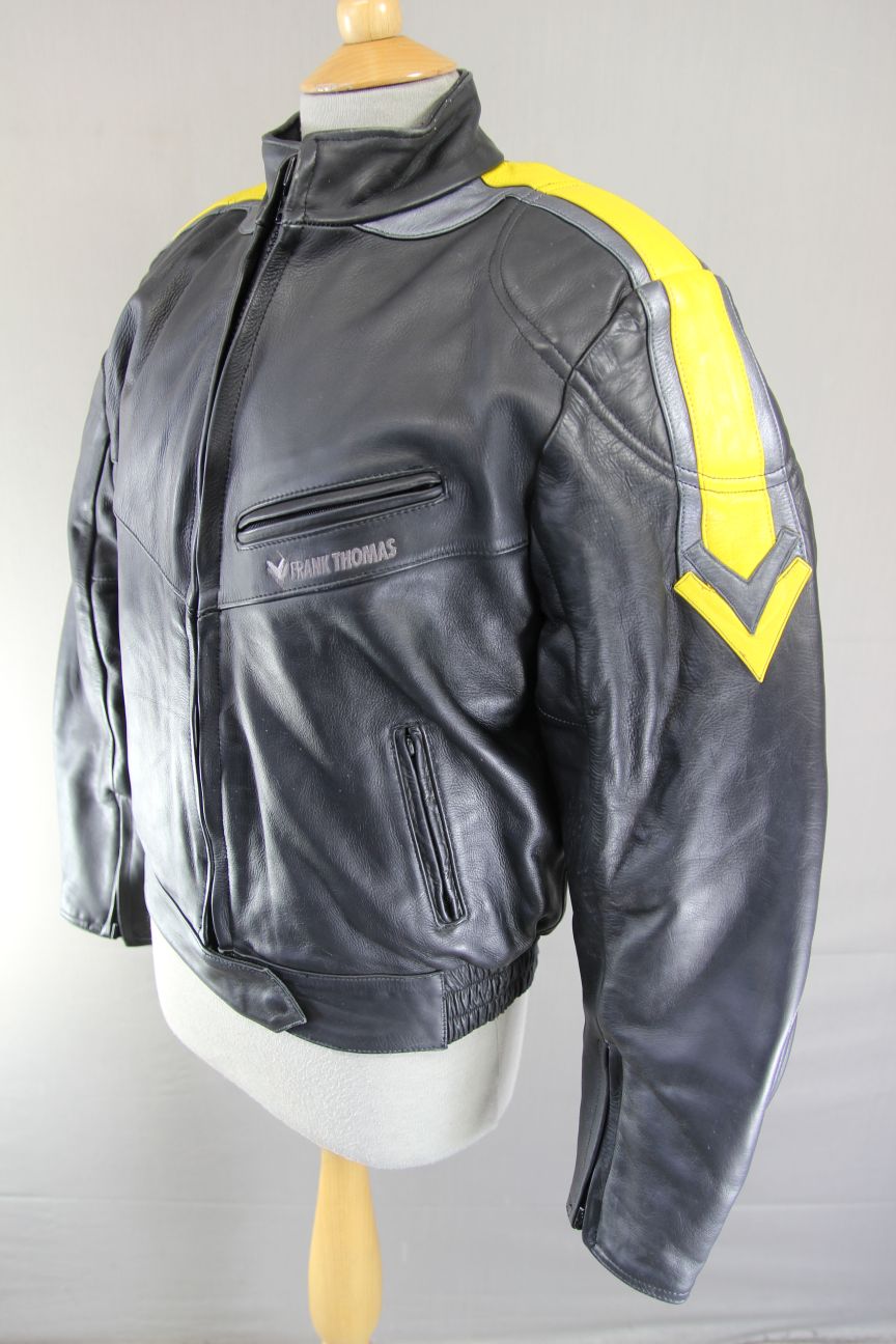 FRANK THOMAS BLACK, YELLOW & SILVER LEATHER BIKER JACKET+BACK PROTECTOR: SIZE 12
