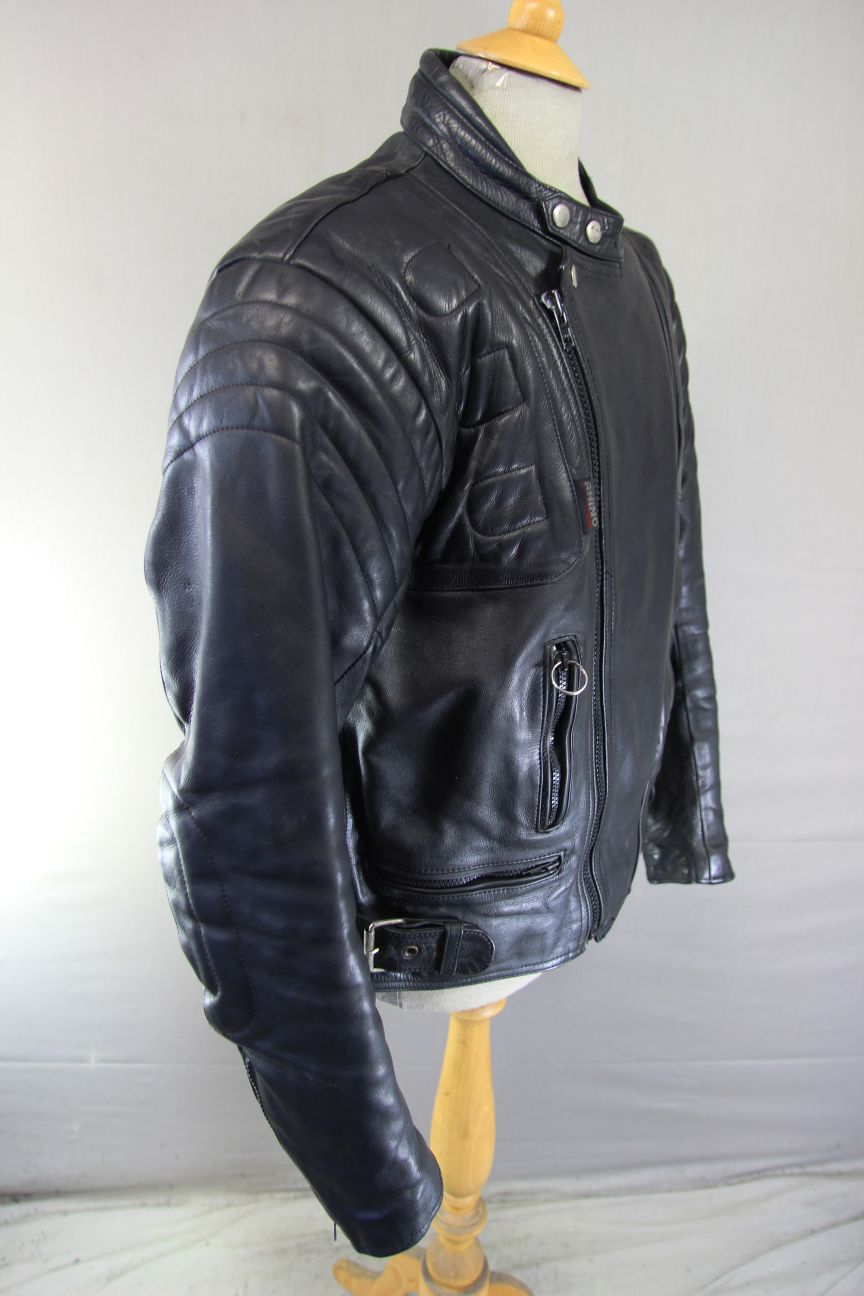 RHINO BRITISH DESIGNED CLASSIC BLACK COWHIDE LEATHER BIKER JACKET 42-44 INCH/L