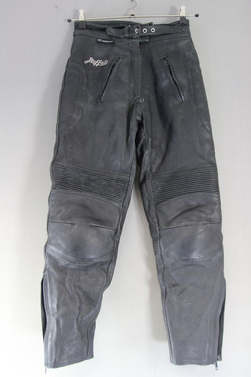 BUFFALO BLACK LEATHER BIKER TROUSERS + CE ARMOUR SIZE 10 WAIST 28/INSIDE LEG 28"