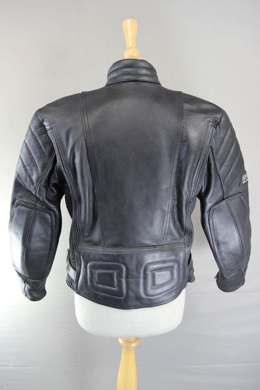 CLASSIC SPORTEX APOLLO BLACK LEATHER BIKER JACKET WITH BACK PROTECTOR: SIZE 14