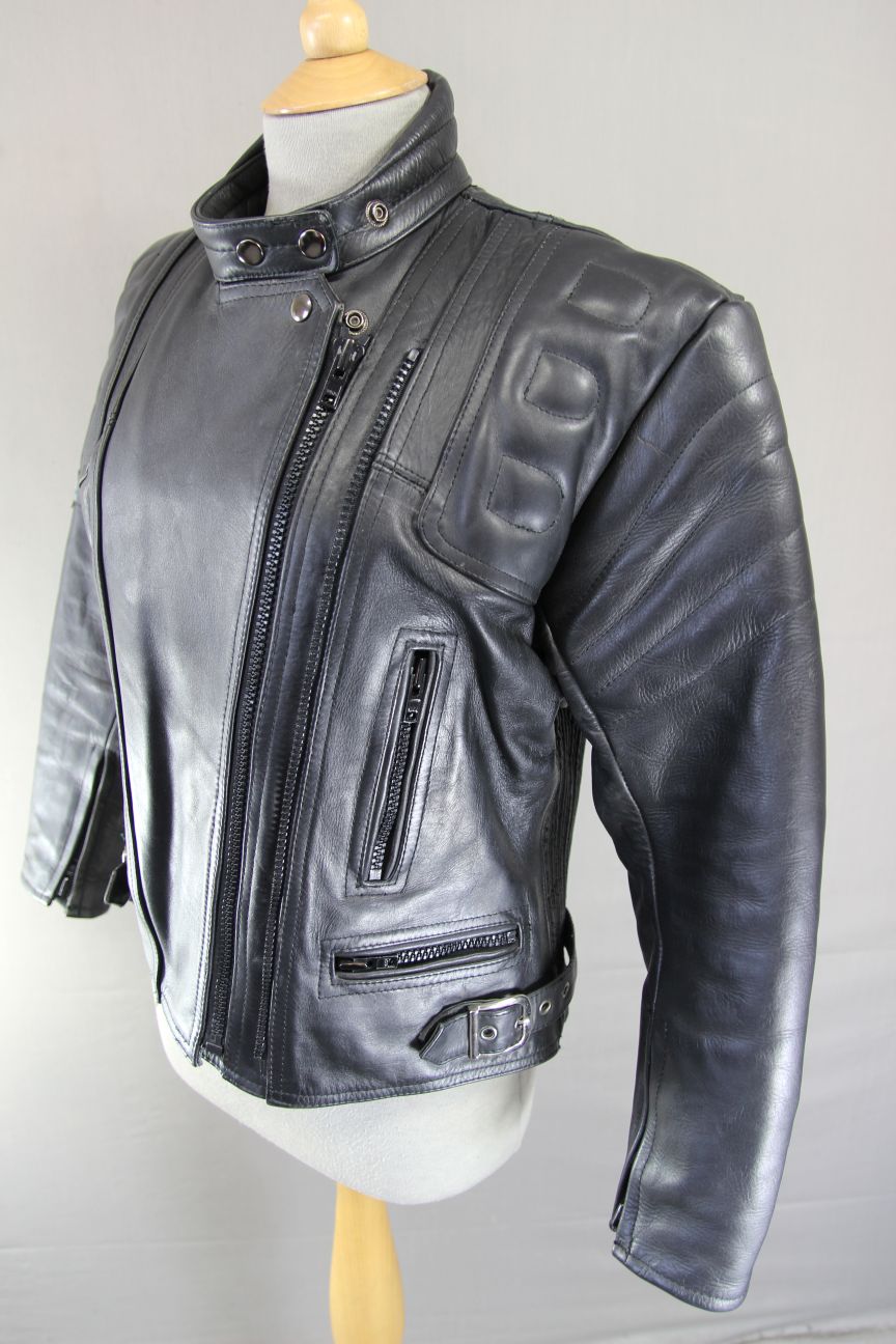 CLASSIC SPORTEX APOLLO BLACK LEATHER BIKER JACKET WITH BACK PROTECTOR: SIZE 12