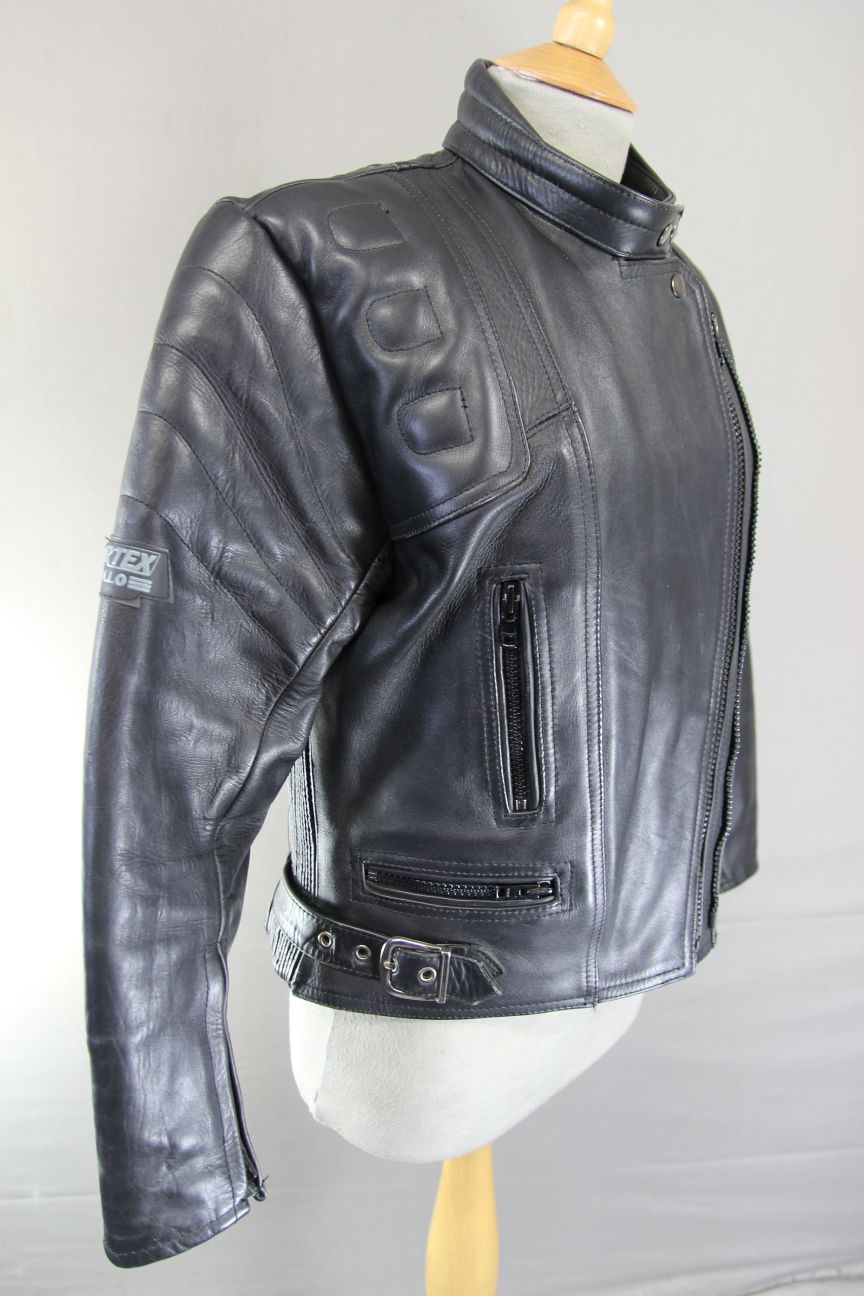 CLASSIC SPORTEX APOLLO BLACK LEATHER BIKER JACKET WITH BACK PROTECTOR: SIZE 12