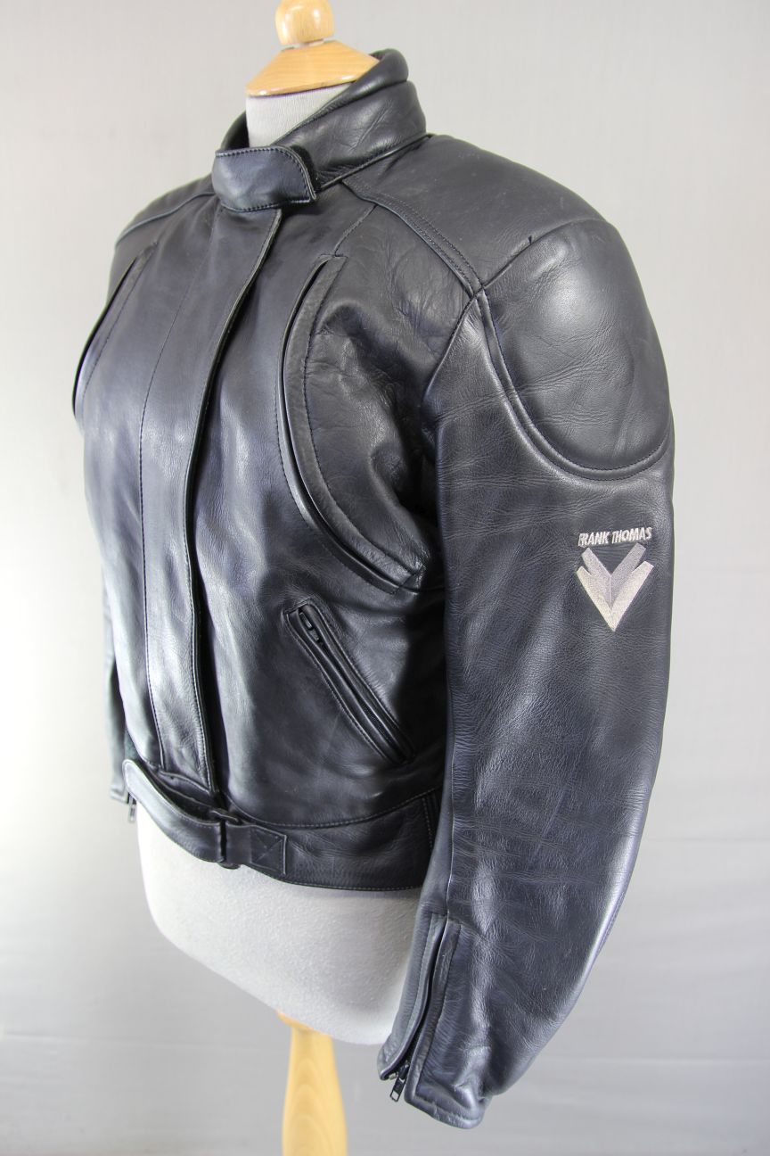 FRANK THOMAS BLACK LEATHER BIKER JACKET WITH PROTECTORS & THERMAL LINING SIZE 12