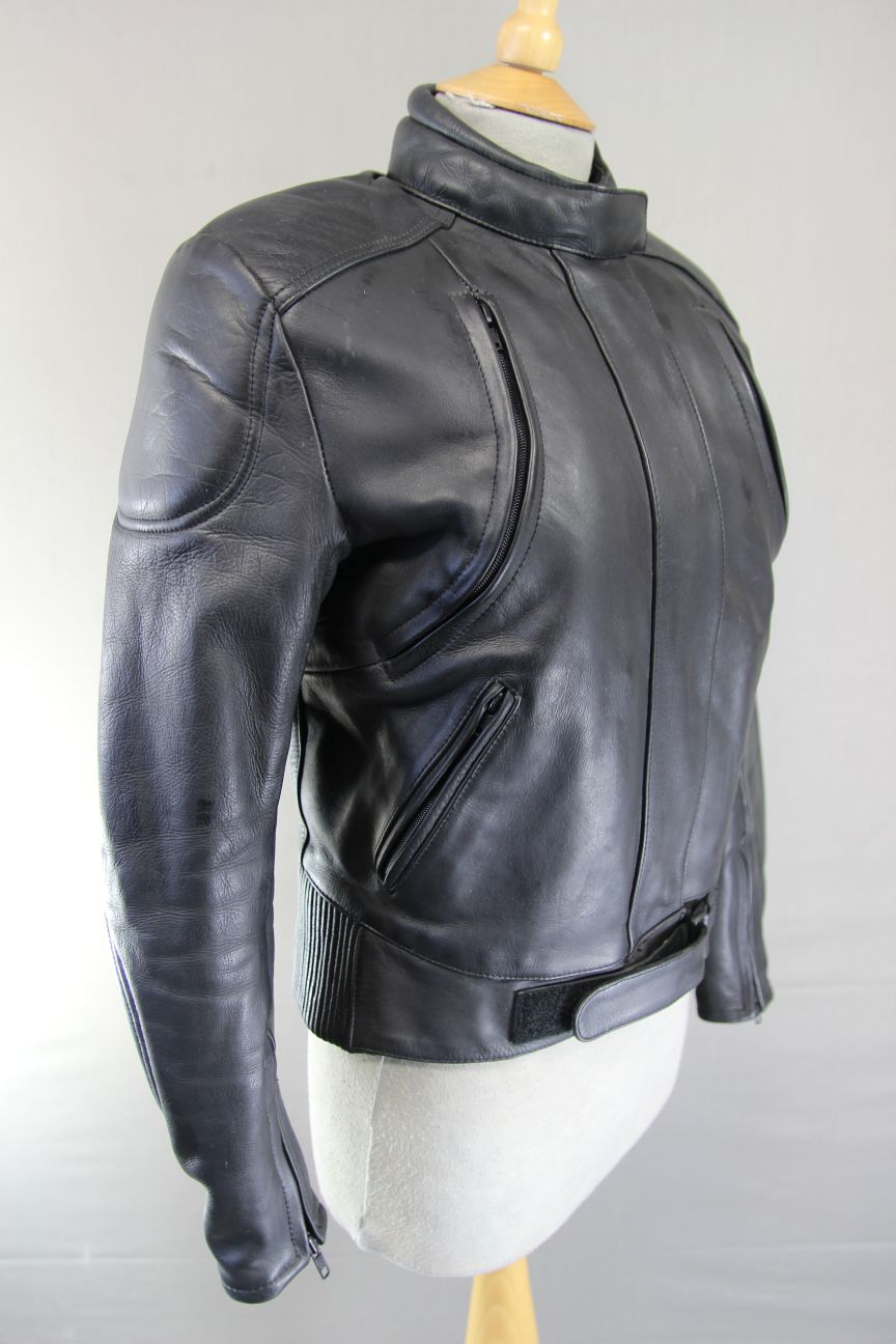 FRANK THOMAS BLACK LEATHER BIKER JACKET WITH PROTECTORS & THERMAL LINING SIZE 12