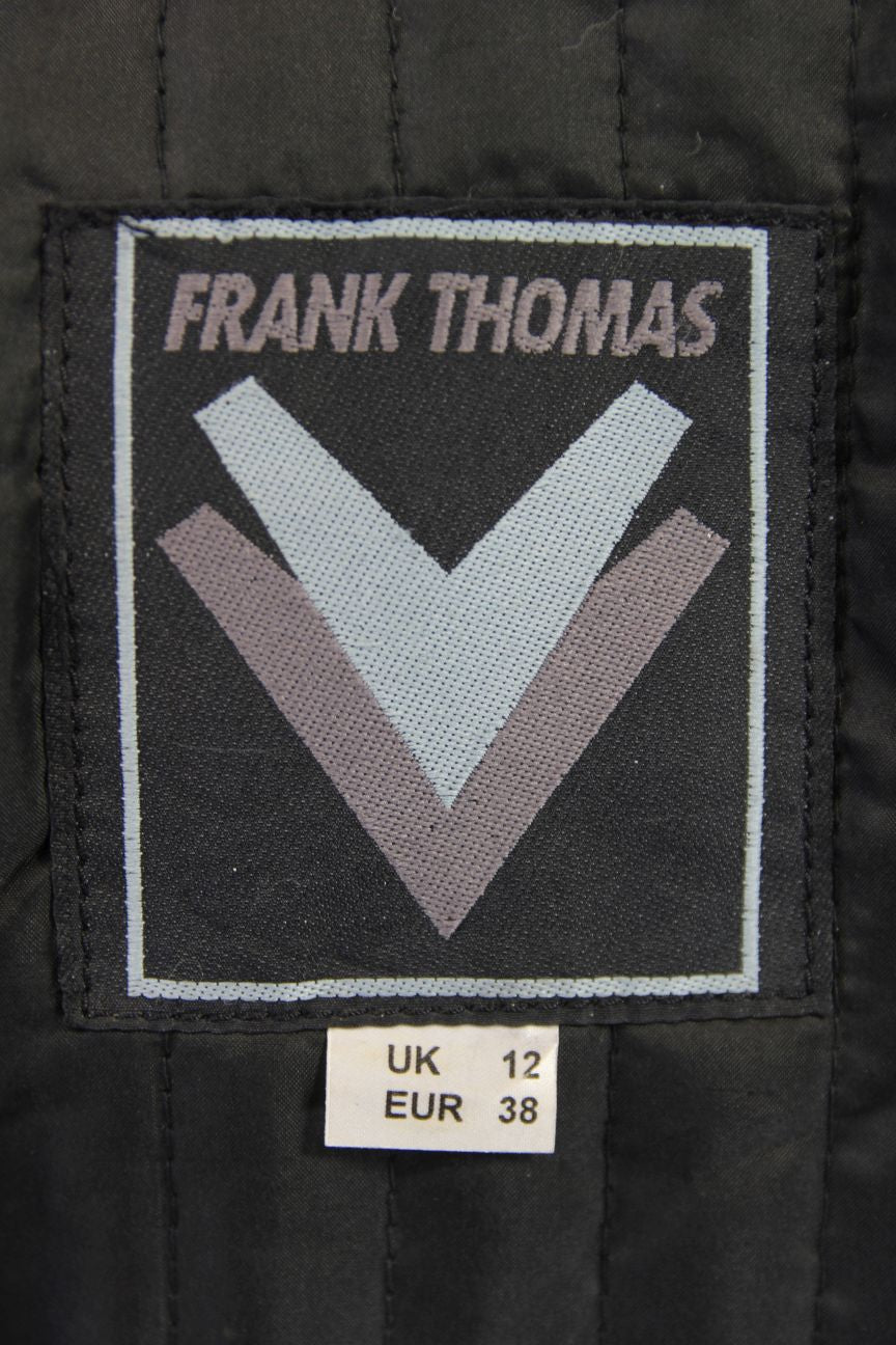 FRANK THOMAS BLACK LEATHER BIKER JACKET WITH PROTECTORS & THERMAL LINING SIZE 12