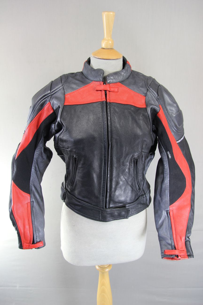 FRANK THOMAS BLACK, SILVER & RED LEATHER BIKER JACKET + BACK PROTECTOR: SIZE 10