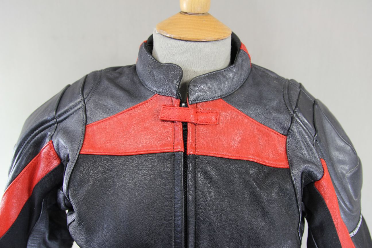 FRANK THOMAS BLACK, SILVER & RED LEATHER BIKER JACKET + BACK PROTECTOR: SIZE 10