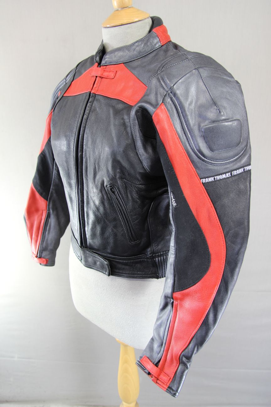 FRANK THOMAS BLACK, SILVER & RED LEATHER BIKER JACKET + BACK PROTECTOR: SIZE 10