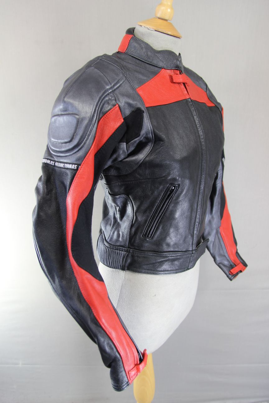 FRANK THOMAS BLACK, SILVER & RED LEATHER BIKER JACKET + BACK PROTECTOR: SIZE 10