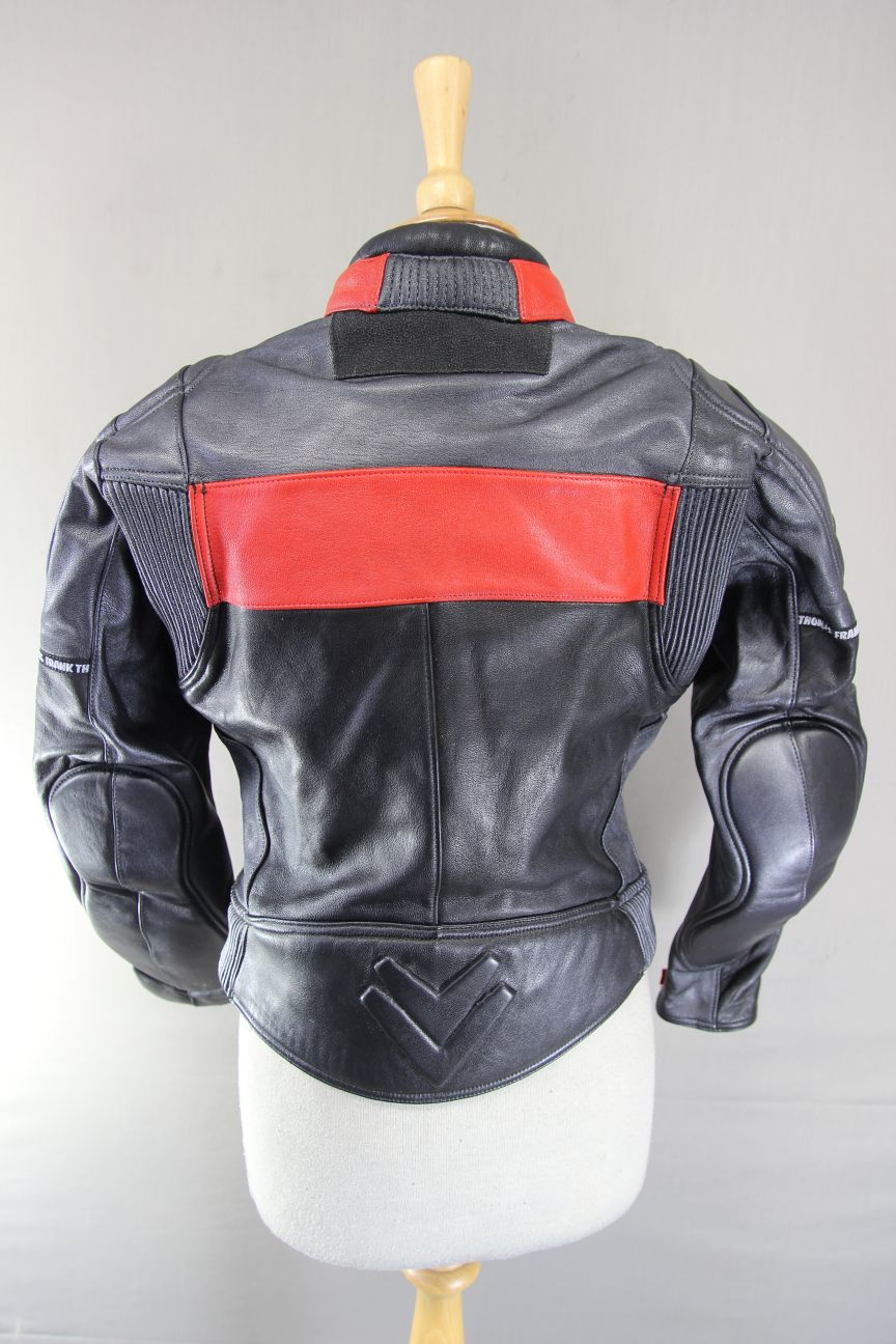 FRANK THOMAS BLACK, SILVER & RED LEATHER BIKER JACKET + BACK PROTECTOR: SIZE 10