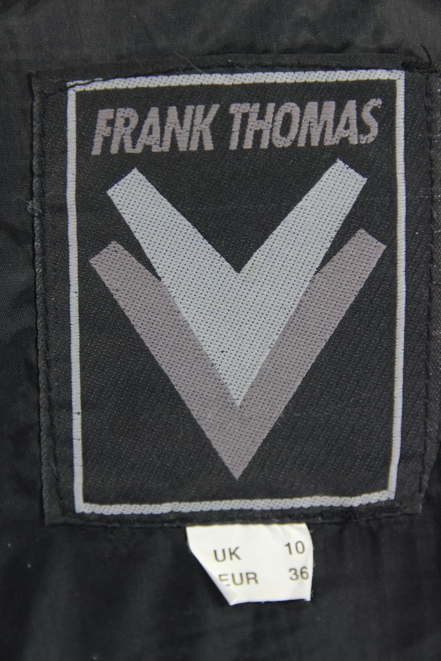 FRANK THOMAS BLACK, SILVER & RED LEATHER BIKER JACKET + BACK PROTECTOR: SIZE 10