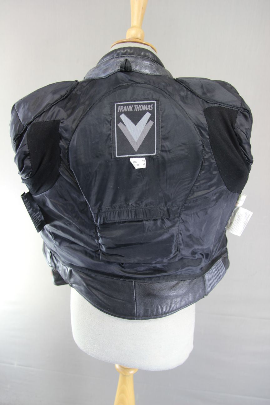 FRANK THOMAS BLACK, SILVER & RED LEATHER BIKER JACKET + BACK PROTECTOR: SIZE 10