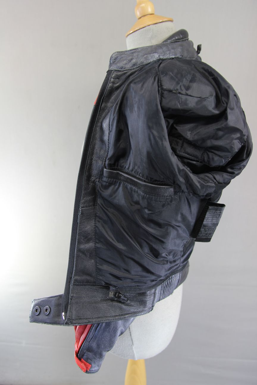 FRANK THOMAS BLACK, SILVER & RED LEATHER BIKER JACKET + BACK PROTECTOR: SIZE 10