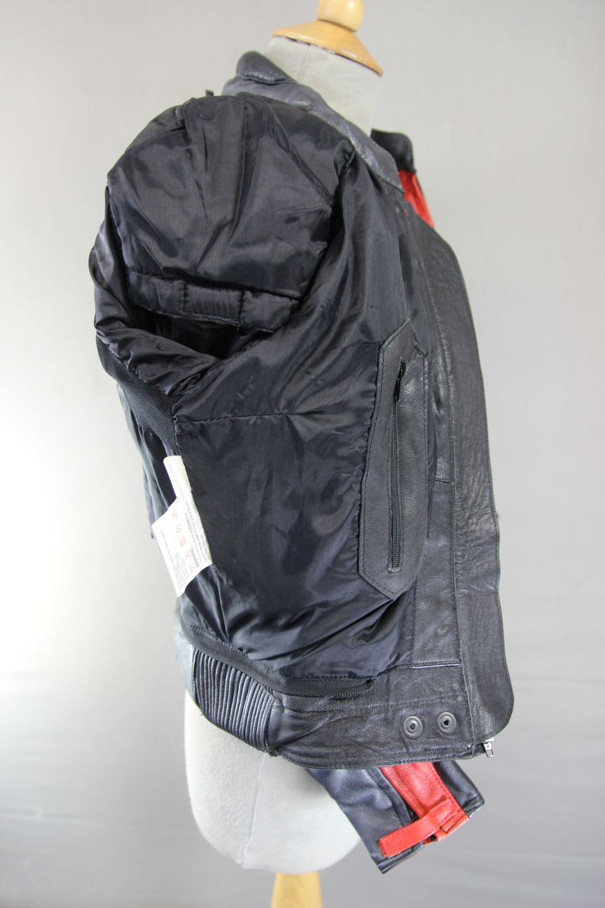 FRANK THOMAS BLACK, SILVER & RED LEATHER BIKER JACKET + BACK PROTECTOR: SIZE 10
