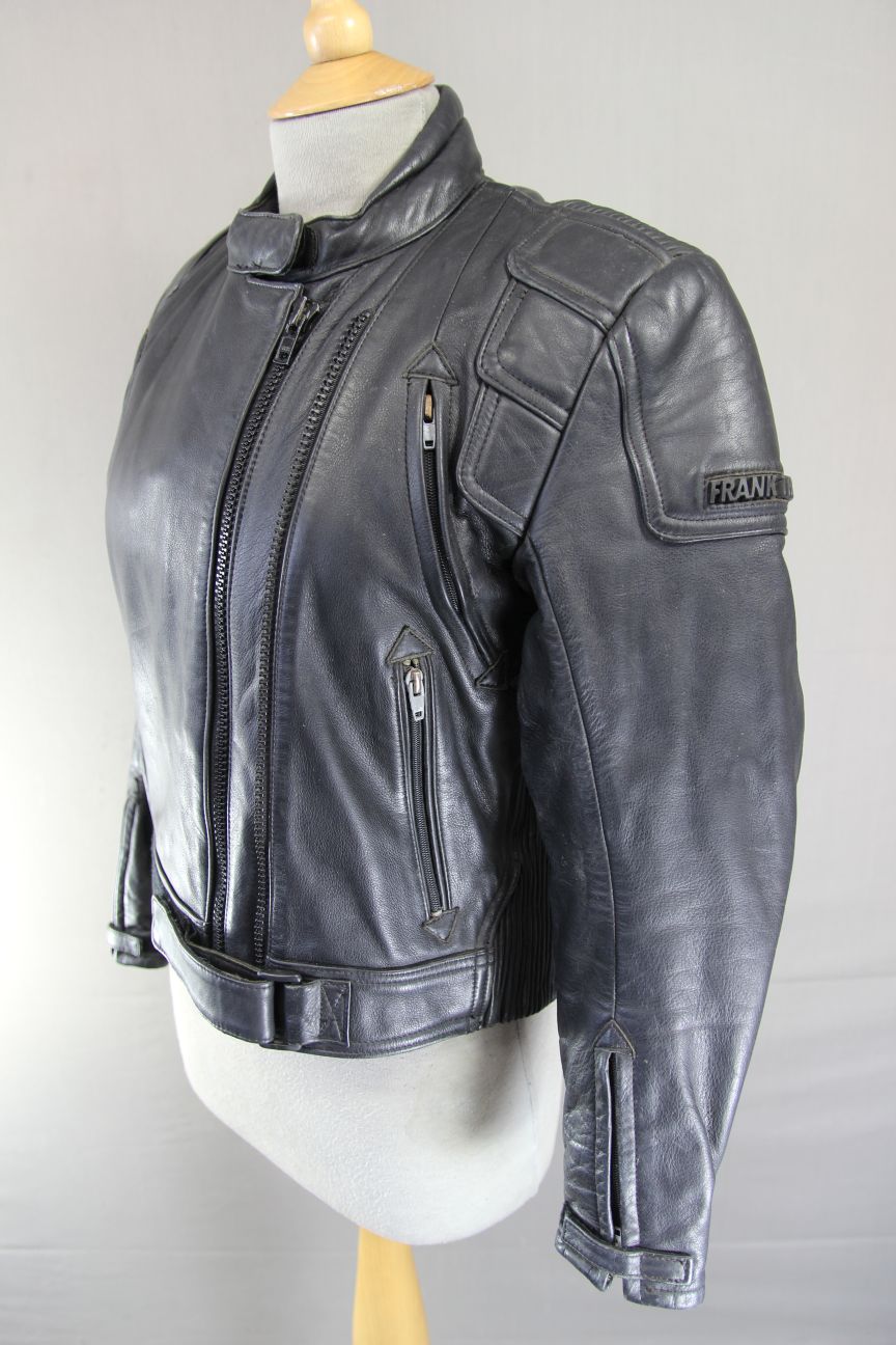 FRANK THOMAS BLACK COWHIDE LEATHER BIKER JACKET WITH THERMAL LINING SIZE 12