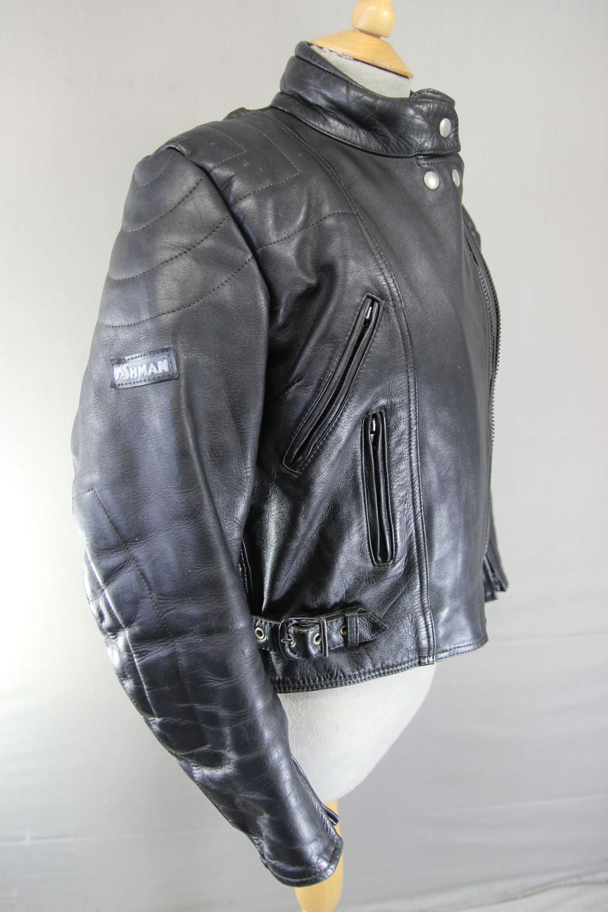 ASHMAN CLASSIC BLACK COWHIDE LEATHER BIKER JACKET 36-38 INCH CHEST/SIZE 14
